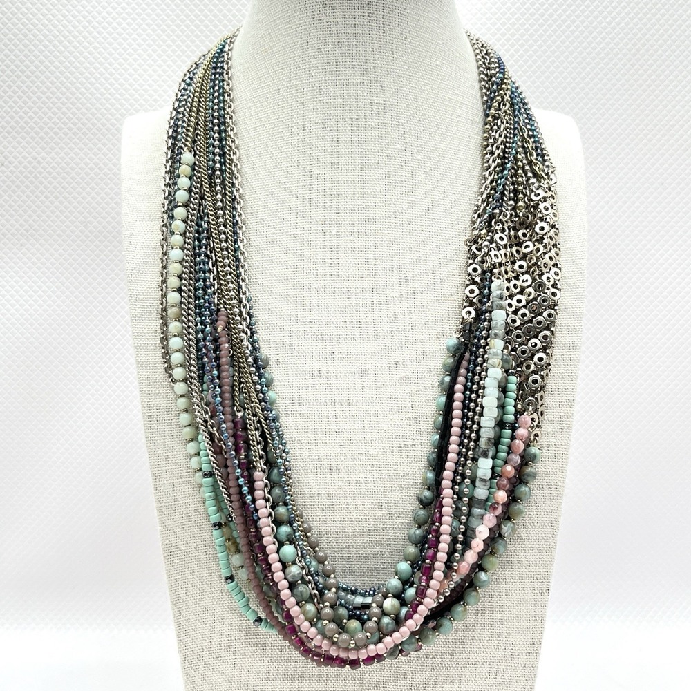 Stella & Dot Mae Statement Necklace Teal Mauve Beads w/ Gold Tone Metal 20"
